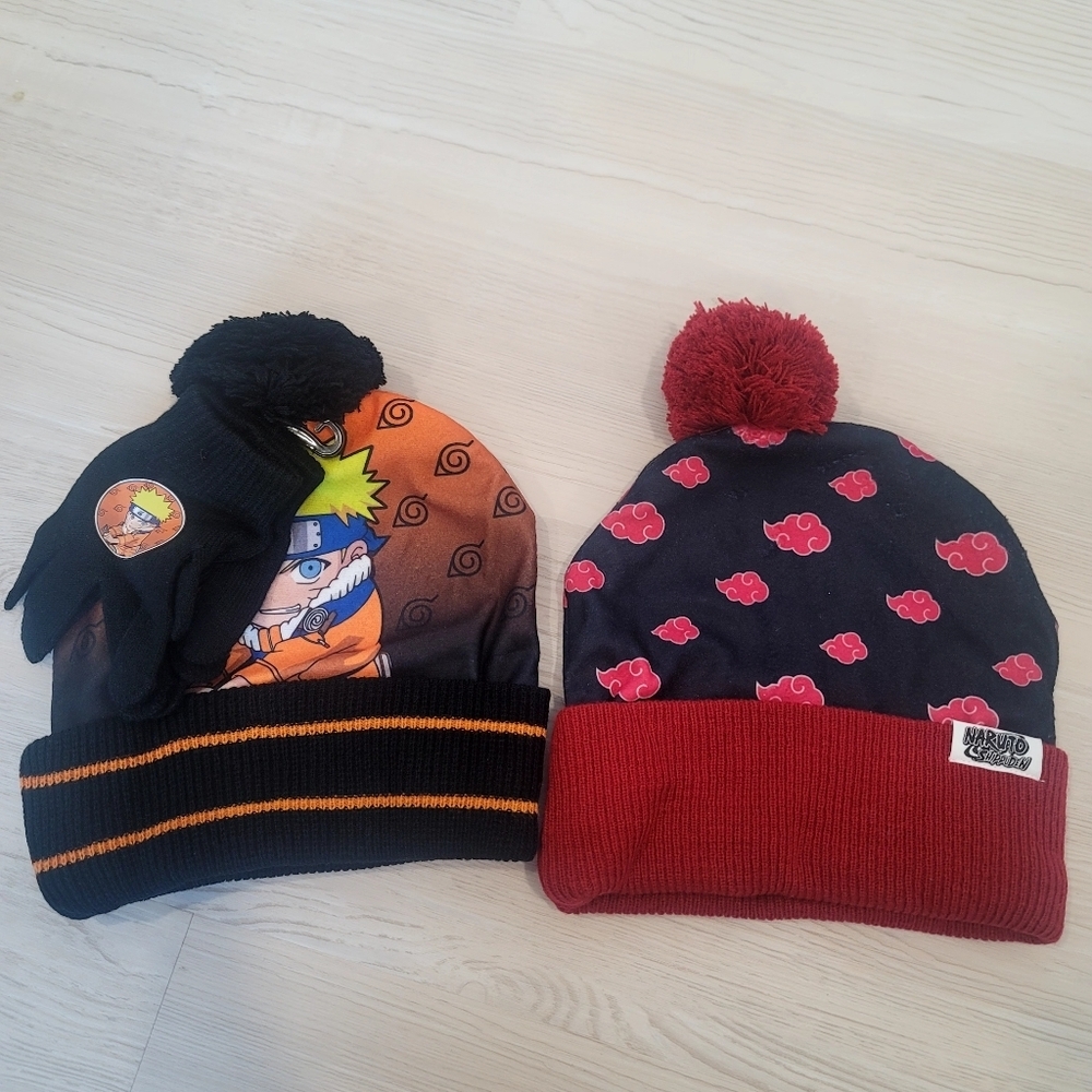 NEW NARUTO Set of 3 winter  items 2 beanies and one pair of gloves yo